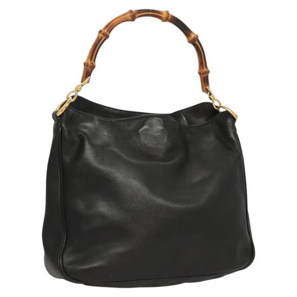 GUCCI Bamboo Hand Bag Leather Black Gold 001 001 - Picture 1 of 16